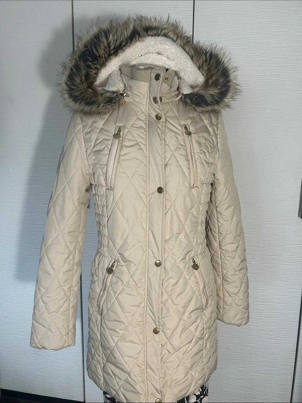 Girls Cream Quilted Hooded Puffer with Faux Fur Trim, Size 14-16